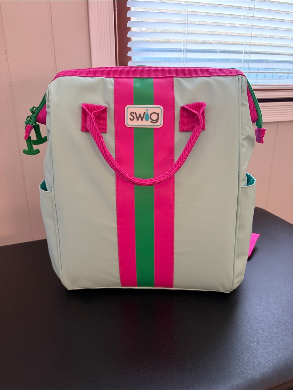 Swig Mint Green Backpack with Pink & Green Center Stripes